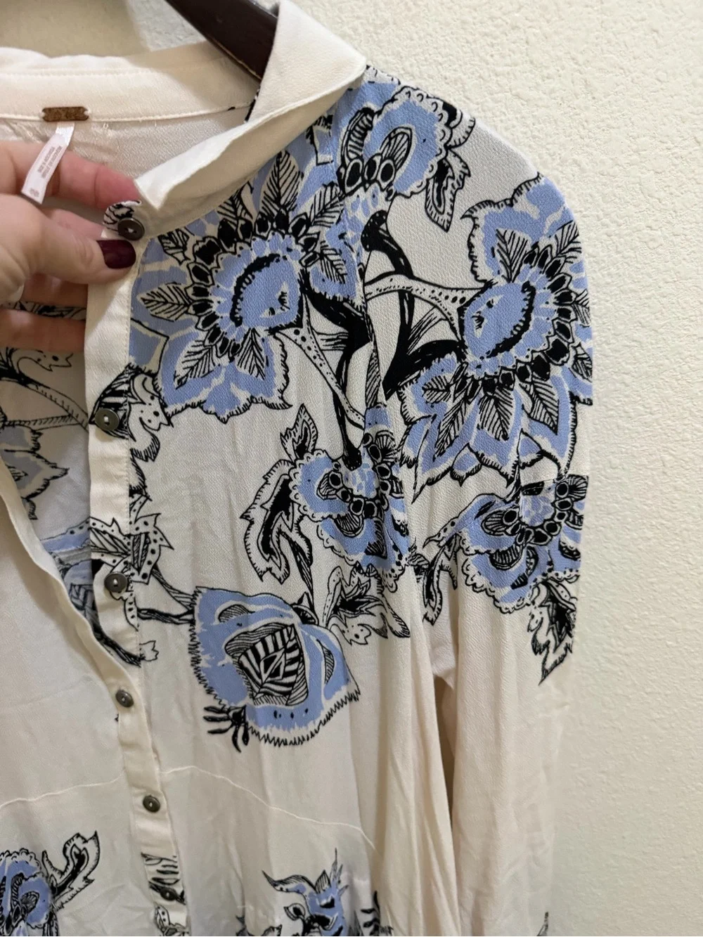 Free People City Walker Floral Long-Sleeve Button Dress with Blue Accents